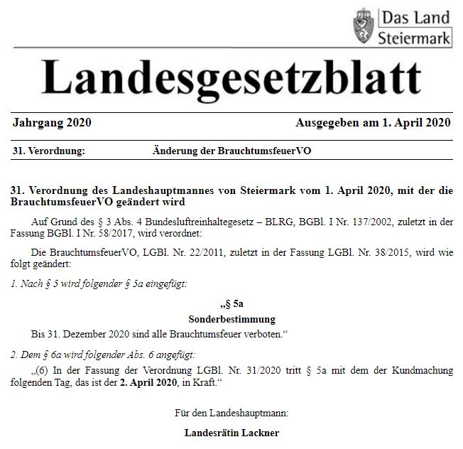 Verordnung Verbot Brauchtumsfeuer